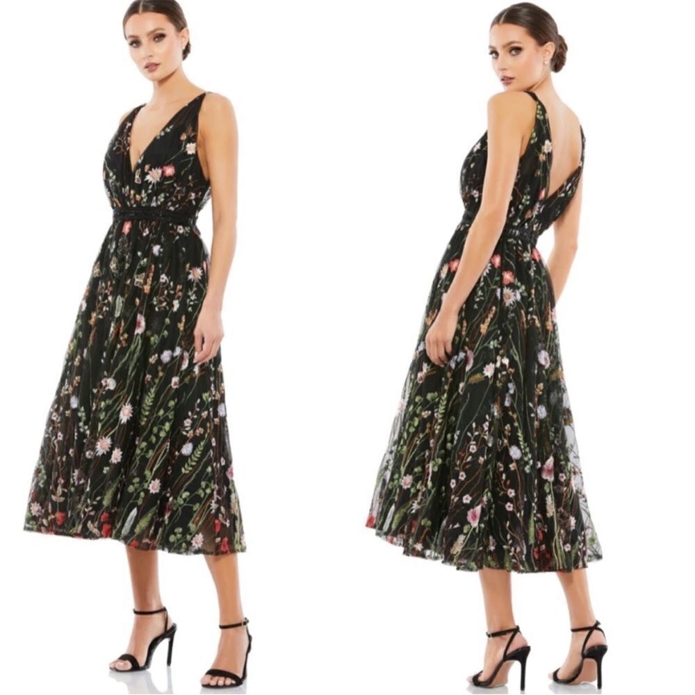 Mac Duggal Ieena 26557 V Neck Embroidered Midi Dress Black Floral size 8